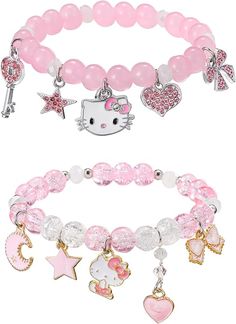 Amazon.com: 2PCS Kawaii Kitty Cute Bracelets Set Anime Y2k Bracelets Friendship Bracelets Heart-Bow-Pentagram-Crown Charm Bracelets Pink Crystal Bead Elastic Bracelets Birthday Christmas Jewelry Present (Love&Pentagram&Bow&Star&Moon): Clothing, Shoes & Jewelry