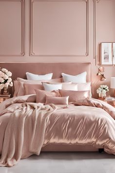 a bed with pink sheets and pillows in a bedroom