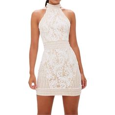 Nwt, Size: 8, Color: White, Woven Lace Crochet Fabric, High Neck, Mini Dress, Bodycon Silhouette, Back Zip Closure, Lined, 100% Polyester, Main 2: 100% Polyester, Lining: 100% Polyester, Machine Washable -Smoke Free Home, No Trades/No Holds, Measurements Upon Request, I Video Record The Entire Packing Process, Due To Lighting Color May Vary Slightly From Photos Mini Dress Bodycon, Crochet Bodycon Dresses, Spaghetti Strap Bodycon Dress, High Neck Mini Dress, Shoulder Ruffle Dress, Red Bodycon, Lighting Color, Tassel Dress, Mesh Maxi Dress