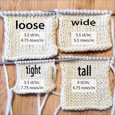 four crocheted squares with the words loose written in white yarn and three rows of stitches