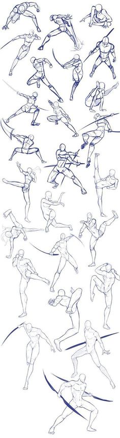 a bunch of sketches of people doing different things in the same direction, with one person standing