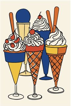 three ice cream cones with cherries on top and one cone filled with whipped cream