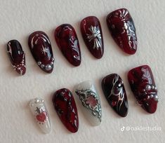 Goth Nail Art, Red Nail Inspo, Blood Nails, Vampire Nails, Vampire Blood, Fake Nails Designs, Maroon Nails, Wow Nails, Punk Nails