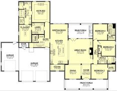 the first floor plan for a home with two master suites and an open concept kitchen