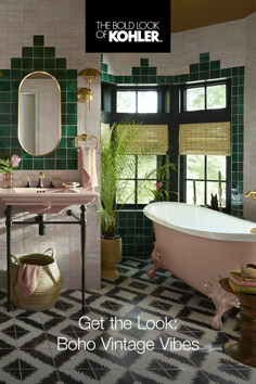 the bathroom is decorated in pink and green tiles, with an antique claw foot tub