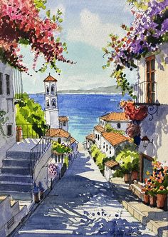 a watercolor painting of an alley with flowers and stairs leading up to the ocean