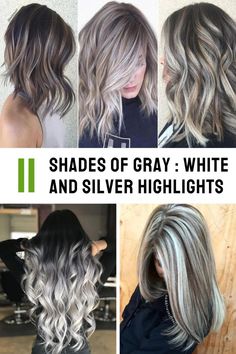 Explore 11 stunning shades of gray with white and silver highlights. From subtle ash tones to bold silver streaks, find your perfect hair inspiration here! Balayage Grey Hair Silver, Iced Grey Hair, Smokey Grey Highlights, Highlights To Help Hide Grey Hair, Brown Hair With Silver Highlights Gray, Dark Blonde With Silver Highlights, Blonde Highlights On Gray Hair Natural, Silver Grey Ombre Hair, Ash Colored Hair Brown