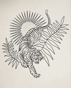 a black and white drawing of a tiger on a tree branch with sunburst in the background