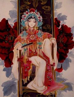 a painting of a woman sitting in a chair with flowers on the wall behind her