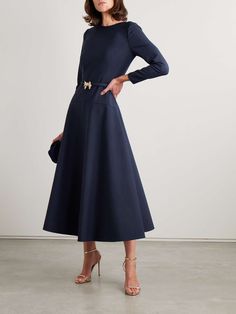 OSCAR DE LA RENTA Belted embellished wool-blend midi dress | NET-A-PORTER Luxury A-line Midi Dress With Buttons, Luxury Structured A-line Midi Dress, Net A Porter Rodarte, Luxury Blue Pre-draped Midi Dress, Oscar De La Renta Embroidered Dress, Embellished Belt, Diy Sewing Clothes, Blue Midi Dress