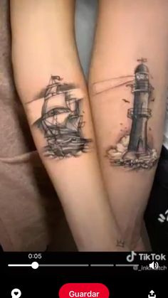 two people with tattoos on their arms are standing next to each other and one has a lighthouse