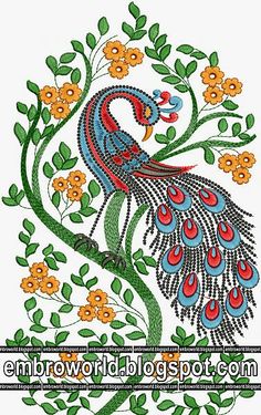 an embroidered peacock with flowers and leaves on it's back side, in the middle of