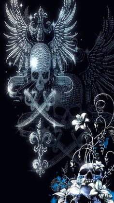 a skull and crossbones on a black background with flowers in the foreground