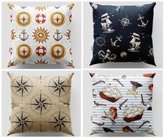 four pillows that have different designs on them