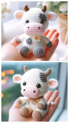 crocheted toy cow sitting in the palm of someone's hand and another photo of a stuffed animal