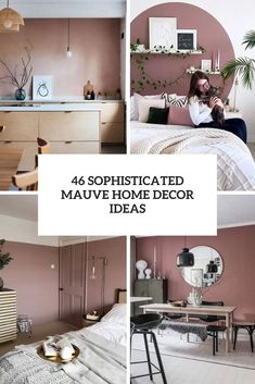 four different pictures with pink walls and white furniture in the same room, including a bed,