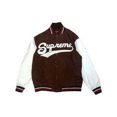 Supreme 2002 Script Varsity Baseball Jacket General Wear With A Couple Faint Stains White Baseball Collar Outerwear For Sports Events, White Sporty Outerwear With Baseball Collar, White Urban Outerwear With Baseball Collar, White Sport Coat For Fall Streetwear, White Long Sleeve Sport Coat For Streetwear, Sports Outerwear With Logo Print For Fall, Collegiate White Outerwear With Ribbed Cuffs, Fall Sports Outerwear With Logo Print, Urban Outerwear With Logo Print For Streetwear