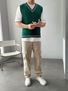 Manfinity Sporsity Men Striped Trim Sweater Vest Without Tee | SHEIN USA Mens Sweater Vest Outfits Casual, Men Outfits Vest, Green Sweater Vest Outfit Men, Sweater Vest Mens Outfit, Men’s Sweater Vest Outfit, Green Vest Outfit Men, Preppy Vest Outfits, Mens Sweater Vest Outfit, Knitted Vest Outfit Men