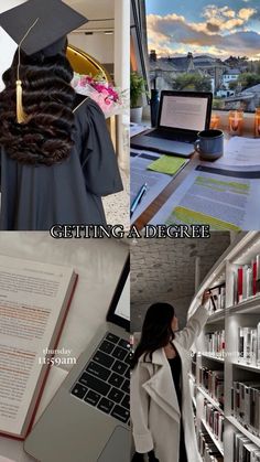 there are two pictures that show the same person in graduation gown, and one is looking at bookshelves