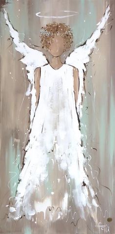 a painting of an angel with white wings