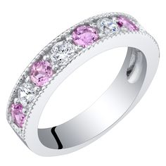 Peora.com - Sterling Silver Created Pink Sapphire Milgrain Half Eternity Ring Band Sizes 5 to 9 SR11864, $39.99 (https://www.peora.com/sterling-silver-created-pink-sapphire-milgrain-half-eternity-ring-band-sizes-5-to-9-sr11864) Jewelry Questions, Half Eternity Band, Eternity Band Ring, Half Eternity Ring, Pink Stone, Sapphire Gemstone, Ring Band, Stacking Ring, Year Anniversary