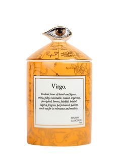 an orange bottle with writing on it that says, virgoo in front of a white background