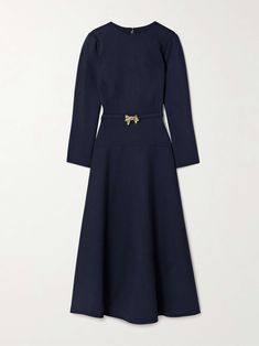 Shop OSCAR DE LA RENTA Belted embellished wool-blend midi dress, Explore the latest OSCAR DE LA RENTA women's collection today on NET A PORTER Embellished Dress, Outfit Details, Wool Blend, Designer Dresses