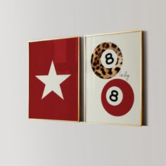 two framed pictures with numbers and a star on the bottom one has a leopard print