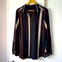 Excellent Unworn Condition. Striped Semi Sheer Button Down Blouse. Black With Ecru, Burgundy, And Burnt Umber Stripes. Very Versatile. 100%Polyester Yet Feels Like Silk Crepe. Burnt Umber, Button Down Blouse, Silk Crepe, Blouse Black, Striped Blouse, Black Tan, Wearing Black, Black And Tan, What To Wear