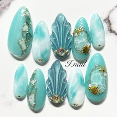 Nail Art Creative, Nails Teal, Shell Nails, Deco Nails, Mermaid Nail Art, Elegant Touch Nails, Quick Nail Art, Sea Nails, 3d Nail Art Designs