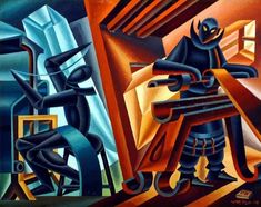 an abstract painting with black figures and orange colors on the bottom half of the image