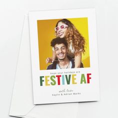 a card with the words festive af and a photo of a man and woman