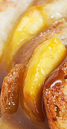 there is a piece of bread with bananas on it and caramel sauce in the middle