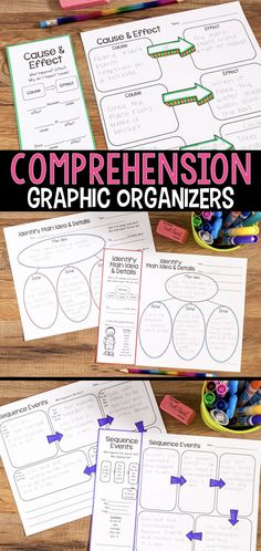 the worksheet for comprehension graphic organizer is shown in three different pictures