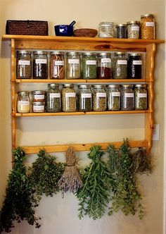 the shelves are filled with spices and herbs