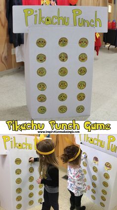 two children standing in front of a game board with buttons on it and the words pikachu punch written below