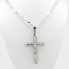 "Solid 925 Sterling Silver Flat Figaro 4mm Chain WITH Cross, Crucifix pendant, in 20\", 22\",24\", men's chain, pendant ,gift for him. All items are stamped 925 for authenticity We proudly stand behind the quality of our products and prioritize your satisfaction above all else. If, for any reason, you are not completely satisfied with your purchase, we offer hassle-free returns with full refunds of the purchase price. Your happiness is our top priority, and we believe in providing a transparent Silver Figaro Chain Necklace With Cross Pendant, Silver Necklace With Figaro Chain And Cross Pendant, Silver Cross Necklace With Figaro Chain As Gift, Silver Cross Necklace With Figaro Chain, Silver Crucifix Figaro Chain Jewelry, Silver Crucifix Necklace With Figaro Chain, Chain With Cross, Silver Flats, Top Priority