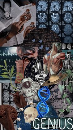 a collage of photos with the words genius on it and images of human body parts