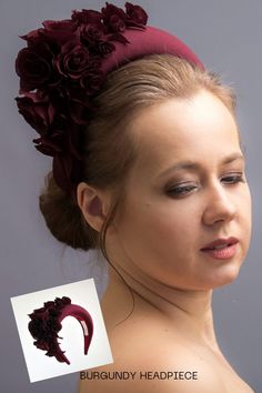 Burgundy fascinator headband for wedding guest inspired by wonderful Kate Middleton is hand made and hand stitched. Padded halo headband headpiece has been covered in a high quality Italian fabric. Dark red fascinator is trimmed with intone flowers and leaves covering the right ear side of the wedding guest hairband. Modern and elegant burgundy hatinator will instantly elevate any outfit. This floral head piece is unique work in which care has been taken with every detail. Elegant Handmade Flowers Headpiece For Evening, Elegant Handmade Flowers Headband, Elegant Handmade Mini Hat Headband, Handmade Flower Headband For Evening, Elegant Handmade Headband For Party, Evening Handmade Flowers Headband, Elegant Red Headpieces With Matching Headband, Elegant Red Hair Accessories With Handmade Flowers, Burgundy Fascinator