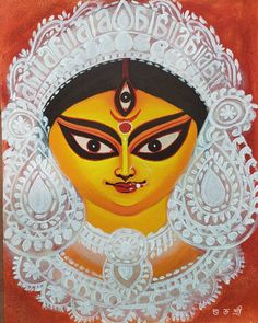 Traditional yellow face maa Durga painting Durga Maa Face Painting, Maa Durga Face Painting, Devi Durga Paintings, Durga Craft, Maa Durga Painting On Canvas, Durga Maa Paintings Easy