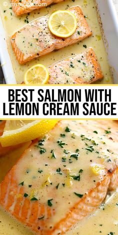 the best salmon with lemon cream sauce in a white dish and on top of it