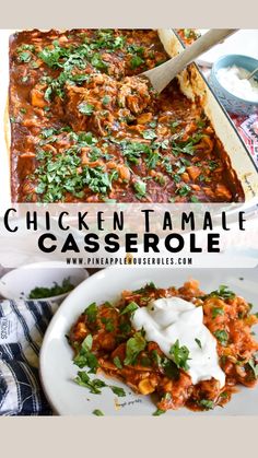 chicken tamale casserole with sour cream and cilantro on the side