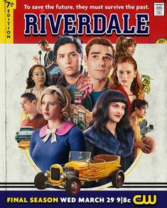 the poster for riverdale starring actors from left to right, and an older model car