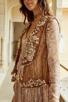 Brown silk organza scallop jacket with floral, pearls, beads, stones, sequins and tassel embroidered jacket. Paired with ruffle pleated paisley print gown. - Aza Fashions Pearl Jacket, Organza Gown, Brown Paisley, Indian Fashion Saree, Printed Gowns, Ladies Gown, Indian Wedding Outfits, Brown Silk, Silk Organza