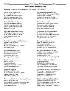 Included is a study guide and fifteen-question multiple choice quiz on Sylvia Plath's poem "Daddy." The study guide is two pages and features questions to guide students' reading of the poem. The study guide acts as a formative assessment to prepare students for the summative assessment of the multiple choice quiz. Assessed concepts include allusions, conflict, diction, figurative language, inferences, irony, motifs, setting, sociocultural context, speaker, subtext, symbolism, themes, and tone. Sylvia Plath Poems, Plath Poems, Summative Assessment, The Poem, Formative Assessment, Figurative Language, Sylvia Plath, Multiple Choice