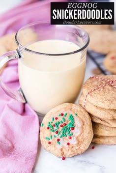 eggnog snickkerdoodles cookies next to a glass of milk