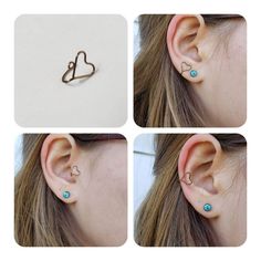 four pictures of different types of ear piercings with hearts in the middle and heart on each side