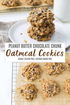 chocolate chip oatmeal cookies stacked on top of each other with text overlay