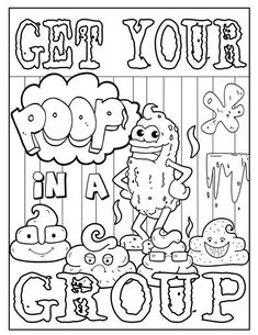 an adult coloring page with the words get your pop in front of it and some cartoon characters