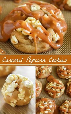 caramel popcorn cookies with chocolate drizzled on top and then topped with marshmallows